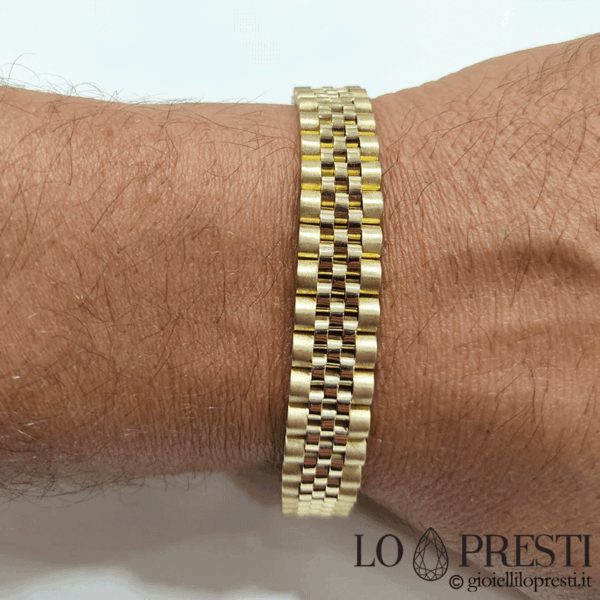 Bracciale maglia jubilee stile rolex uomo-donna maglia morbida in oro giallo 18 kt.Maglia piena e chiusura a scomparsa deployante, lavorazione lucida e satinata, disponibile in vari pesi e larghezze.  Certificato di garanzia e confezione regalo.