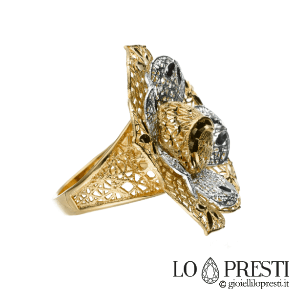 Anello Fiore donna in oro bianco e giallo 18kt lavorazione lucida e brillantata, oggetto di grande effetto. Certificato di garanzia e confezione regalo.