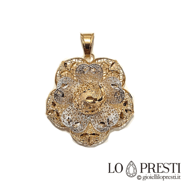 Ciondolo pendente Fiore donna in oro bianco e giallo 18kt lavorazione lucida e brillantata, oggetto di grande effetto. Certificato di garanzia e confezione regalo.