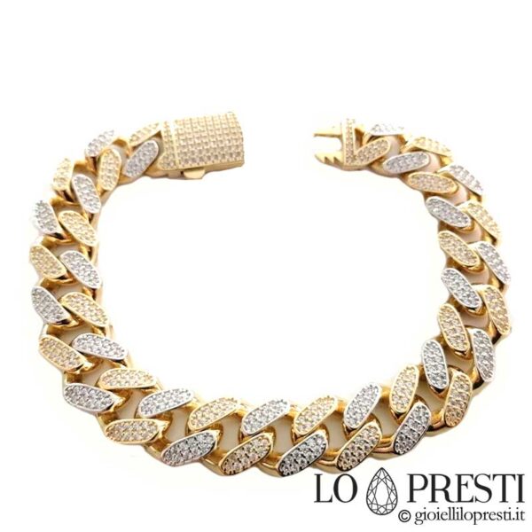 Bracciale uomo groumette in oro bianco egiallo 18 kt con zirconi con chiusura a cassatto, il peso è riferito alla misura 19 cm realizzabile su richiesta in altre misure e con altre pietre.