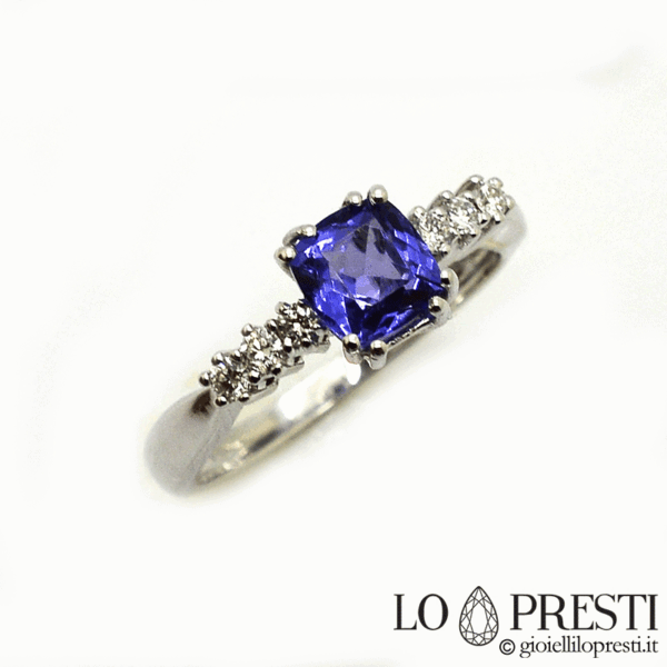 anello con tanzanite cushion e diamanti taglio brillante