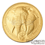 1 oz Big 5 Elefante Moneta Oro 2025 Celebra la maestosità dell’elefante africano con questa moneta esclusiva coniata in oro puro peso di 31,10 grammi