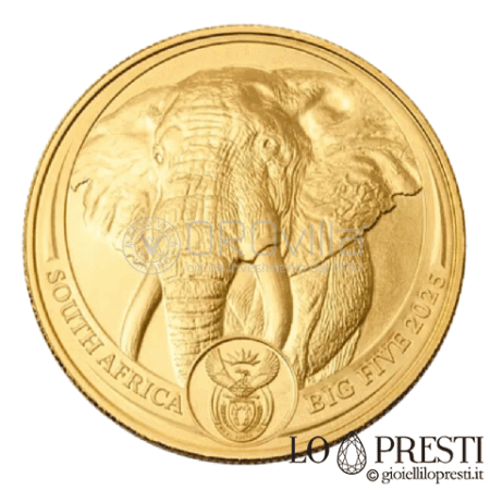 1 oz Big 5 Elefante Moneta Oro 2025 Celebra la maestosità dell’elefante africano con questa moneta esclusiva coniata in oro puro peso di 31,10 grammi