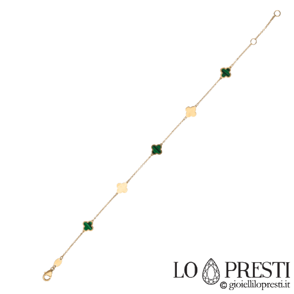 Braccialetto quadrifoglio moda in oro giallo 18kt con malachite. Certificato di garanzia e confezione regalo.